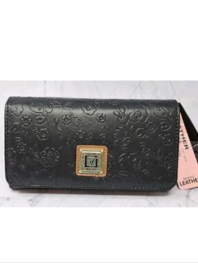 Stone Mountain Floral Leather Wallet - Black With Tan Trim And Inside NIB
